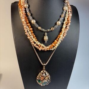 Glam necklace collection with pearl, vintage enameled beads, and gold tone
